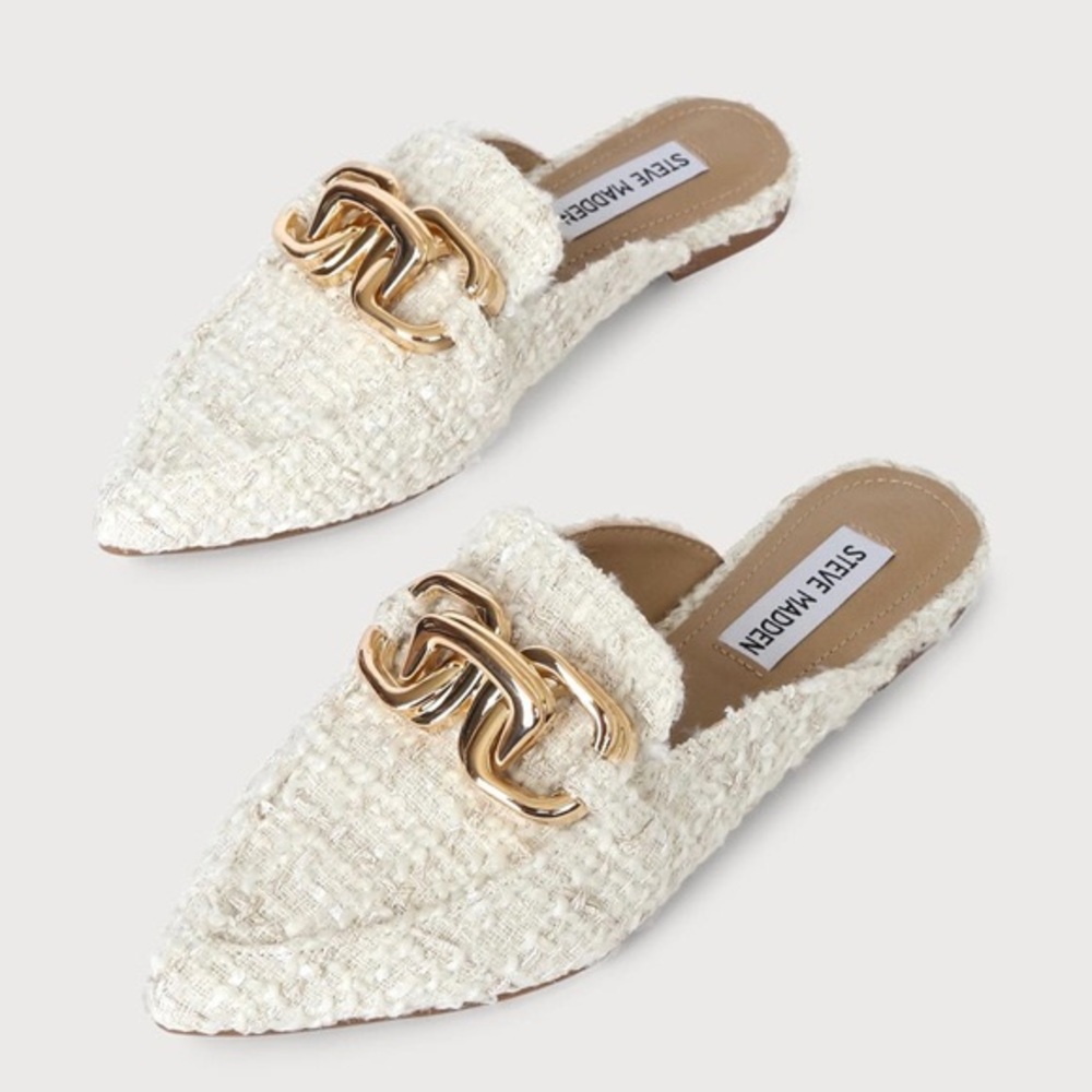 Steve Madden Cream Tweed Pointed Toe Mules with Gold Chain